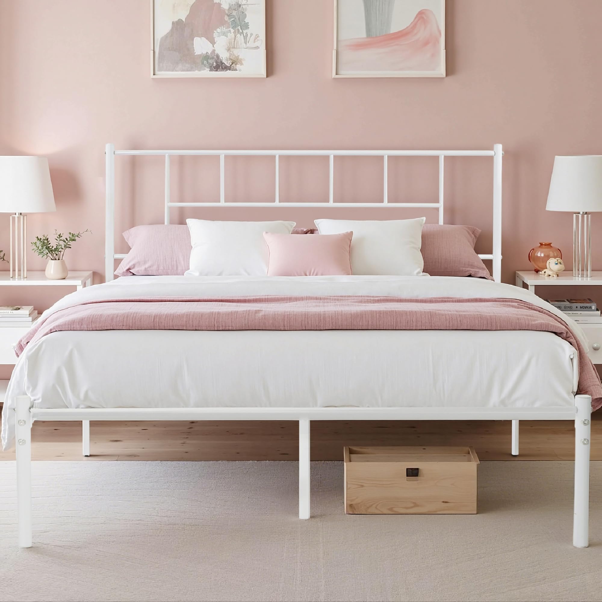 VECELO Queen Metal Platform Bed Frame with Headboard, Heavy Duty Steel Slat Support, Under Bed Storage,No Box Spring Needed, Eas