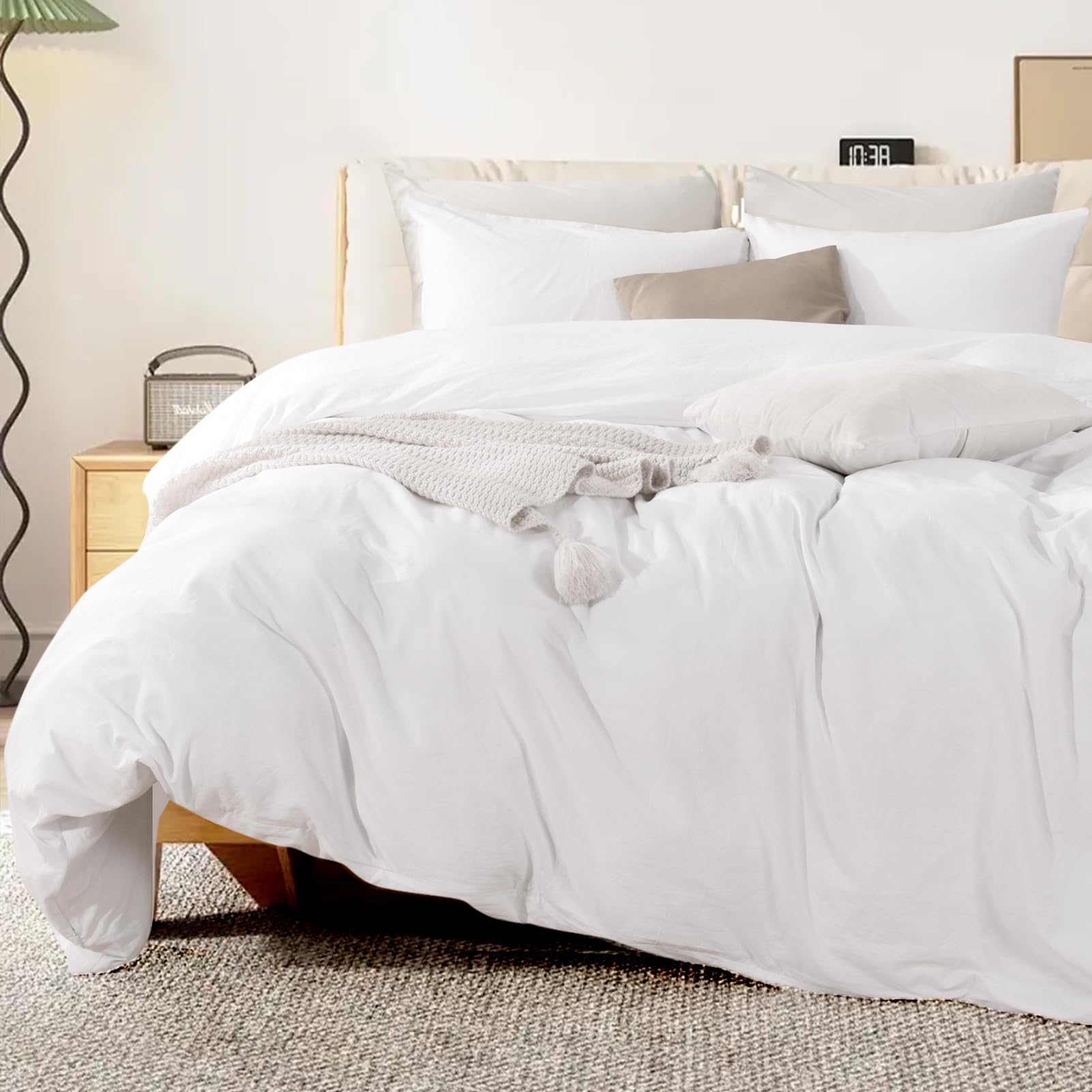 Nexhome Pro Duvet Cover Set 100% Washed Cotton Full Size Linen Feel Textured Organic Natural 3 Pieces Bedding Set With Zipper Closure And Corner Ties, Breathable And Soft (White, No Comforter)