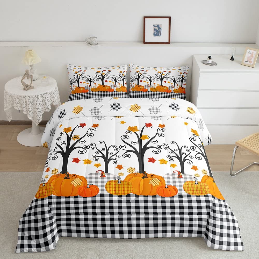 Fall Pumpkin Comforter Set Full Size,Kids Girls Home/Cottage Decor,Black White Plaid Halloween Bedding Set,Maple Trees Autumn Ha
