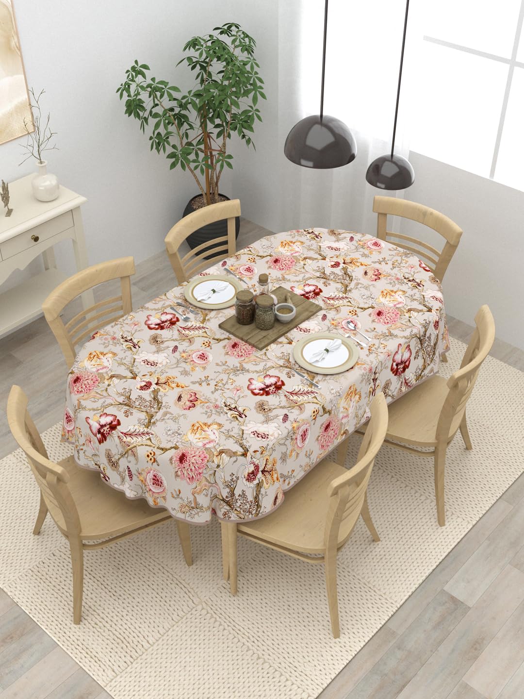 Clasiko 6 Seater Oval Dining Table Cover; 60x90 Inches; Material  Cotton; Multicolor Flowers On Beige