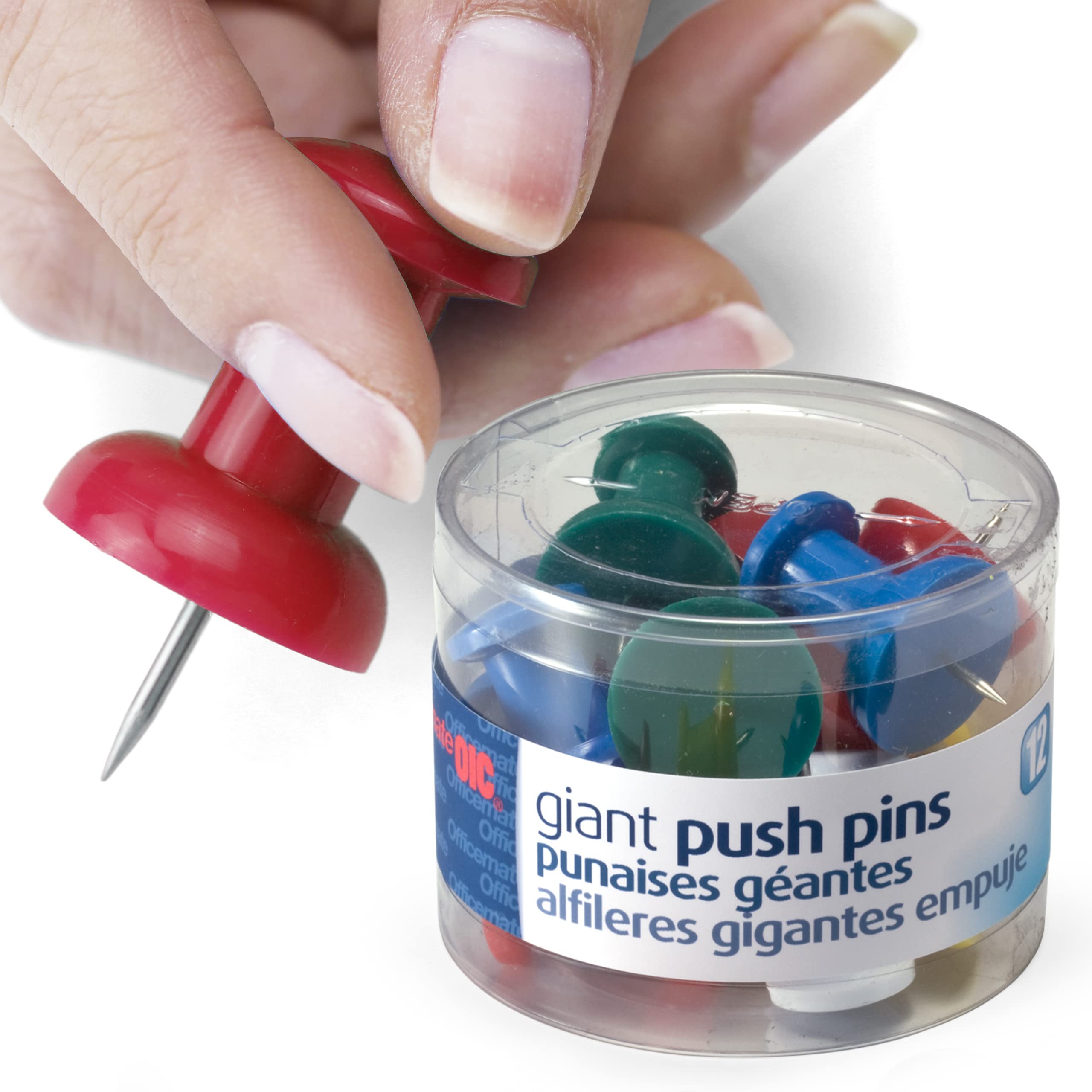 Officemate Giant Push Pins 1.5 Inch, Assorted Colors, Tub Of 12 (92902)
