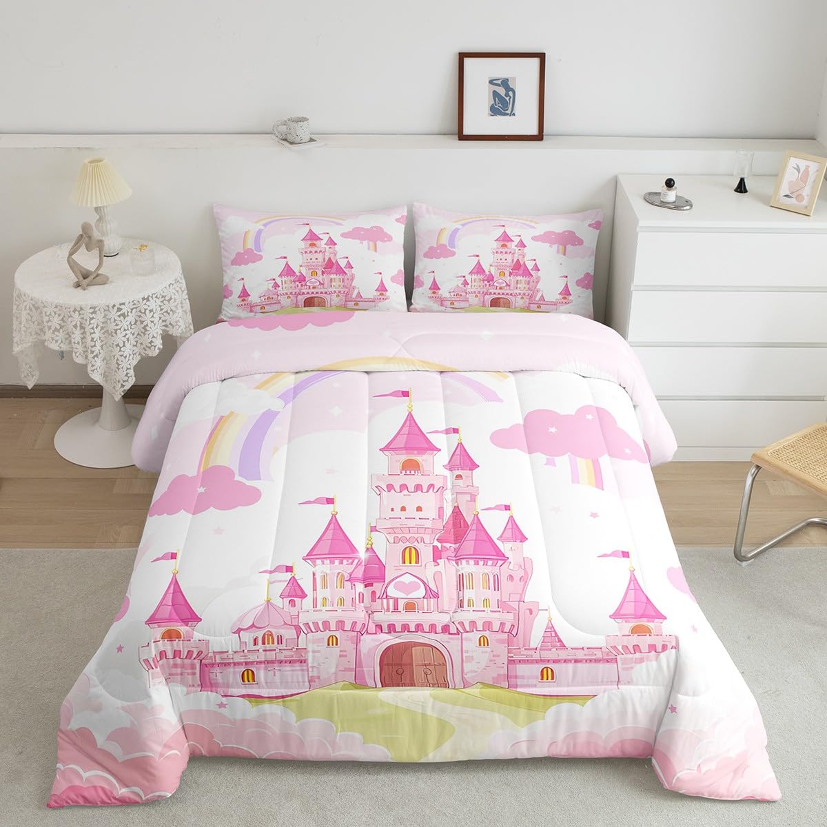 Feelyou Kids Queen Pink Castle Comforter Set Boys Girls Rainbow Castle Bedding Set Girls Princess Comforter Fairy Tales Duvet Se