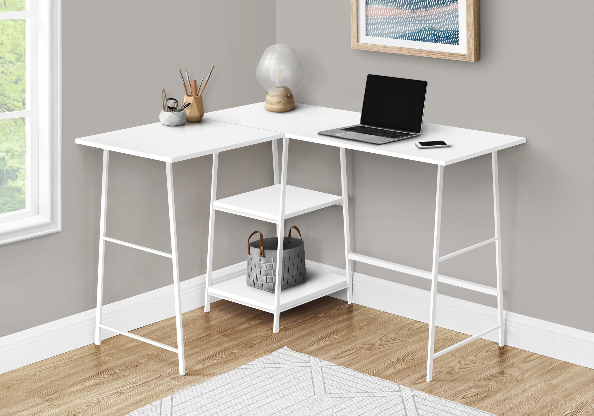Monarch Specialties 7596 Computer Desk, Home Office, Corner, Storage Shelves, 48&quot; Shape, Work, Laptop, Metal, Laminate, Contemporary, Modern Desk-48 Top, 42&quot; L x 47.25&quot; W x 30&quot; H, White/White