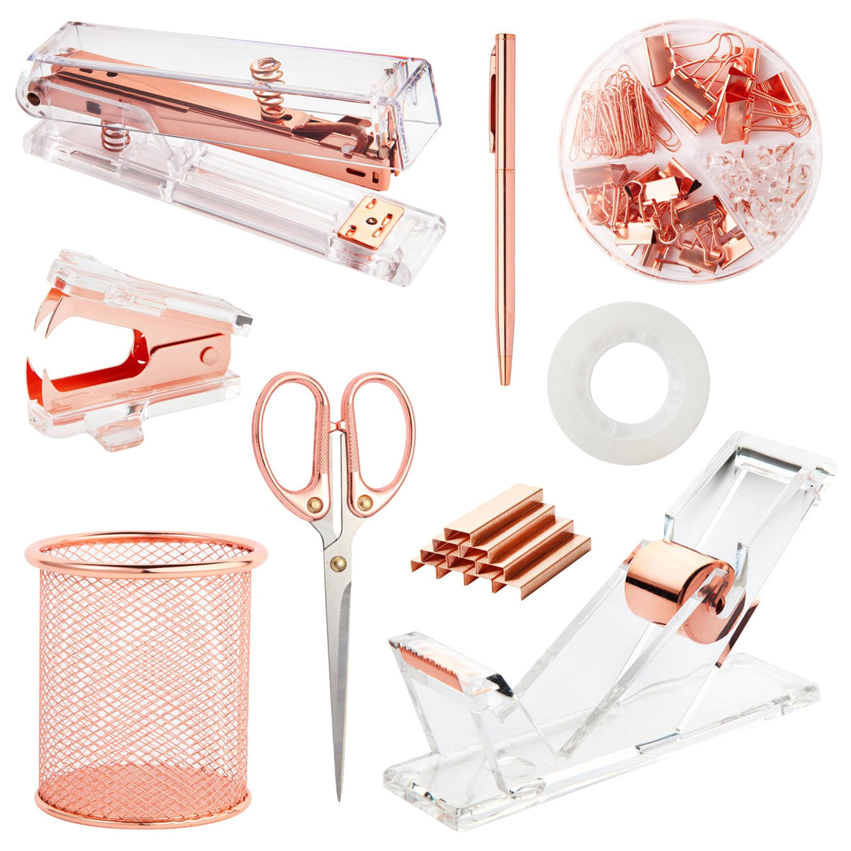 Rose Gold Desk Accessories, Office Supplies Set With Acrylic Stapler, Tape Dispenser, Staple Remover, Pen Holder, Scissor, Binde