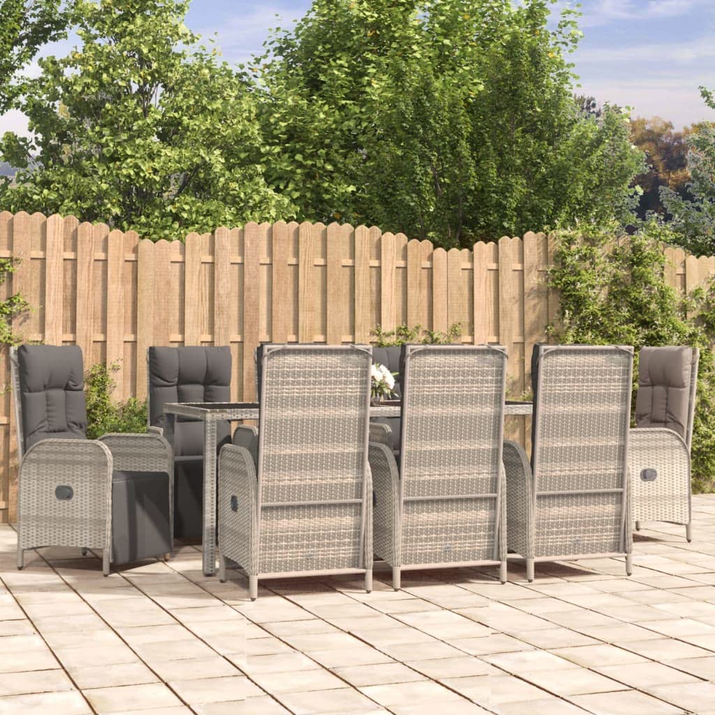 vidaXL 9-Piece Garden Lounge Set with Reclinable Chairs and Cushions - Gray Poly Rattan Dining Set with Steel Frame and Tempered Glass Tabletop