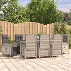 vidaXL 9-Piece Garden Lounge Set with Reclinable Chairs and Cushions - Gray Poly Rattan Dining Set with Steel Frame and Tempered Glass Tabletop