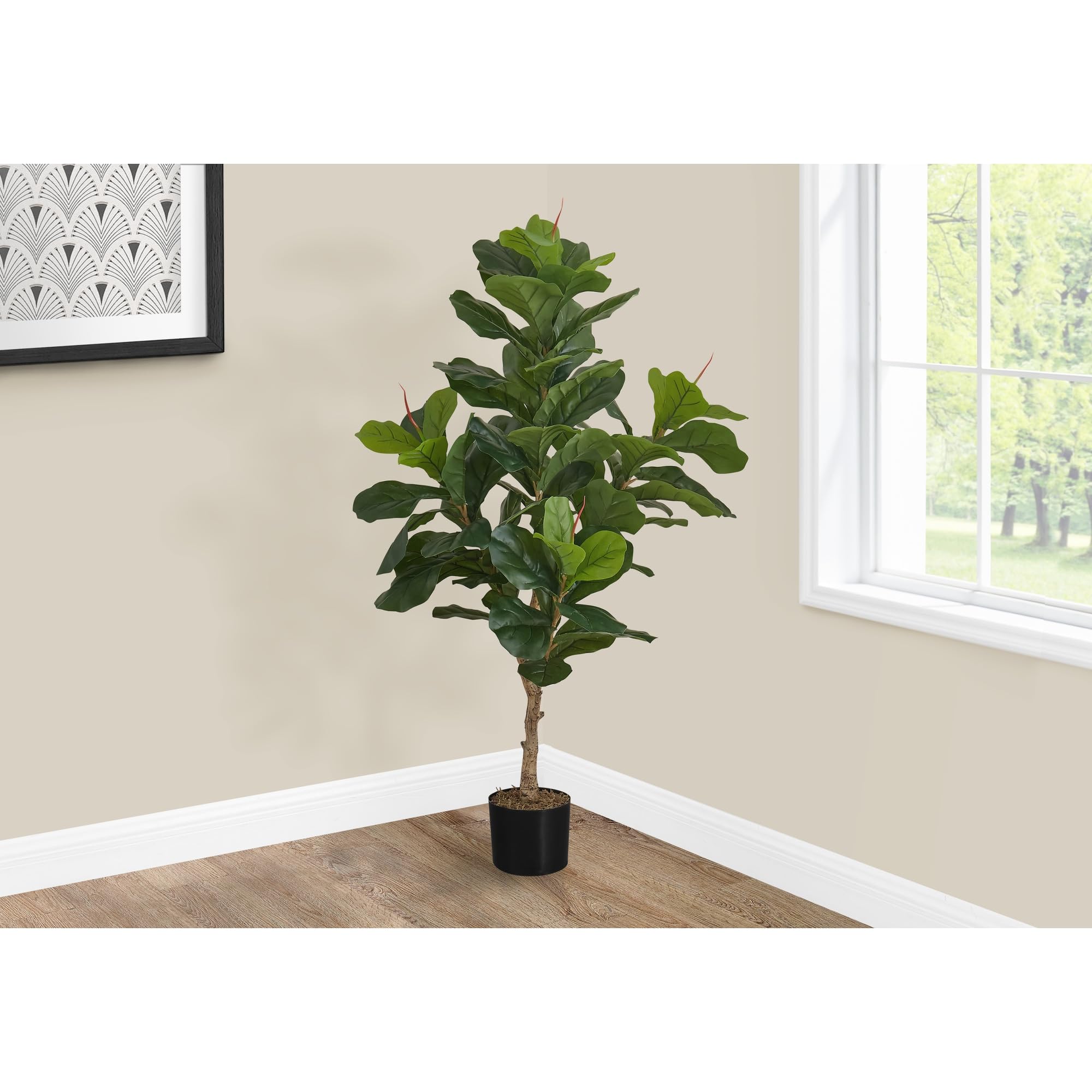 Monarch Specialties I 9541 Artificial Plant, 47' Tall, Fiddle Tree, Indoor, Faux, Fake, Floor, Greenery, Potted, Real Touch, Decorative, Green Leaves, Black Pot