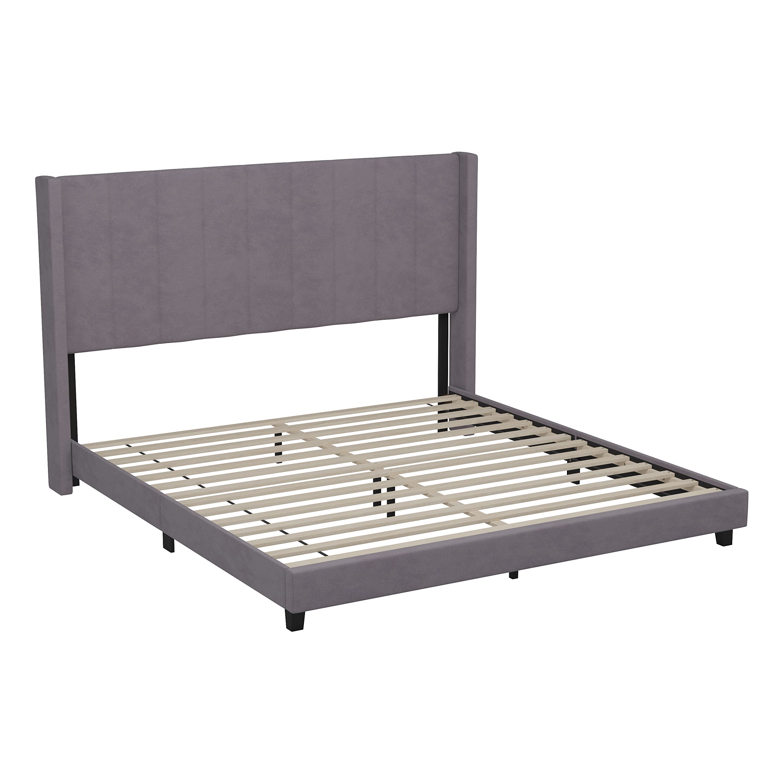Flash Furniture Bianca Upholstered Platform Bed - Gray Velvet Upholstery - King - Wingback Headboard - Slatted Mattress Foundation - No Box Spring Needed