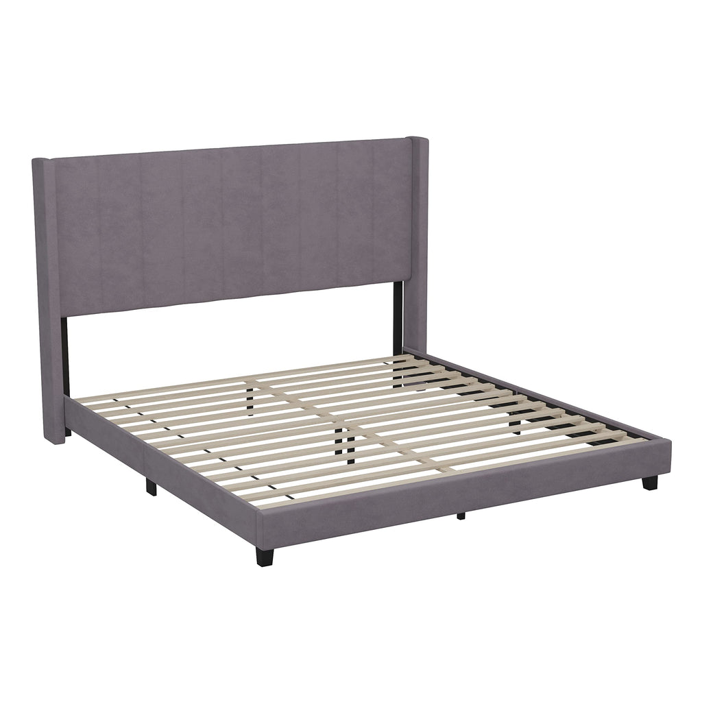 Flash Furniture Bianca Upholstered Platform Bed - Gray Velvet Upholstery - King - Wingback Headboard - Slatted Mattress Foundation - No Box Spring Needed
