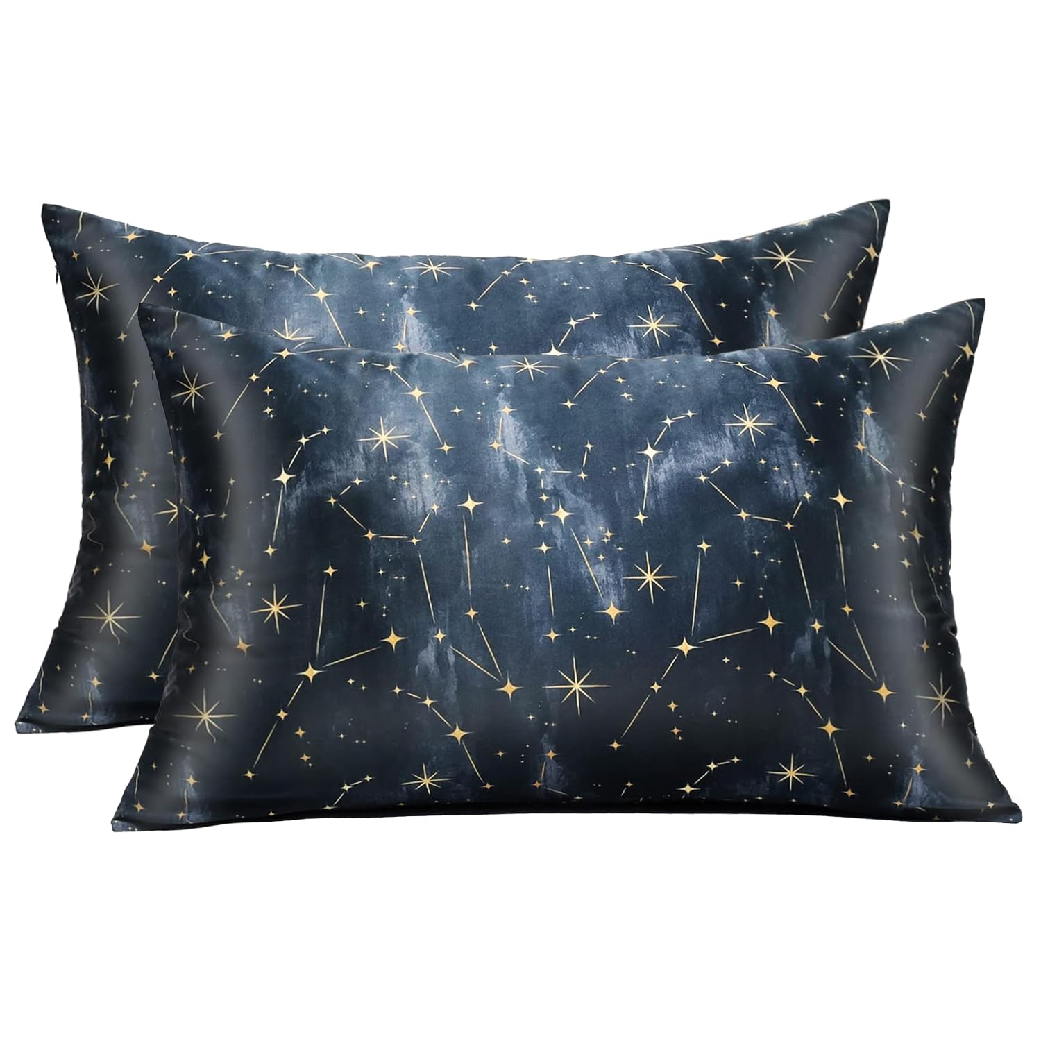 Mansphil 2 Pack Silk Pillowcase Queen Black Stars Pattern, 6A Grade 22 Momme 100% Real Mulberry Silk, Blue Starry Sky Pattern Si