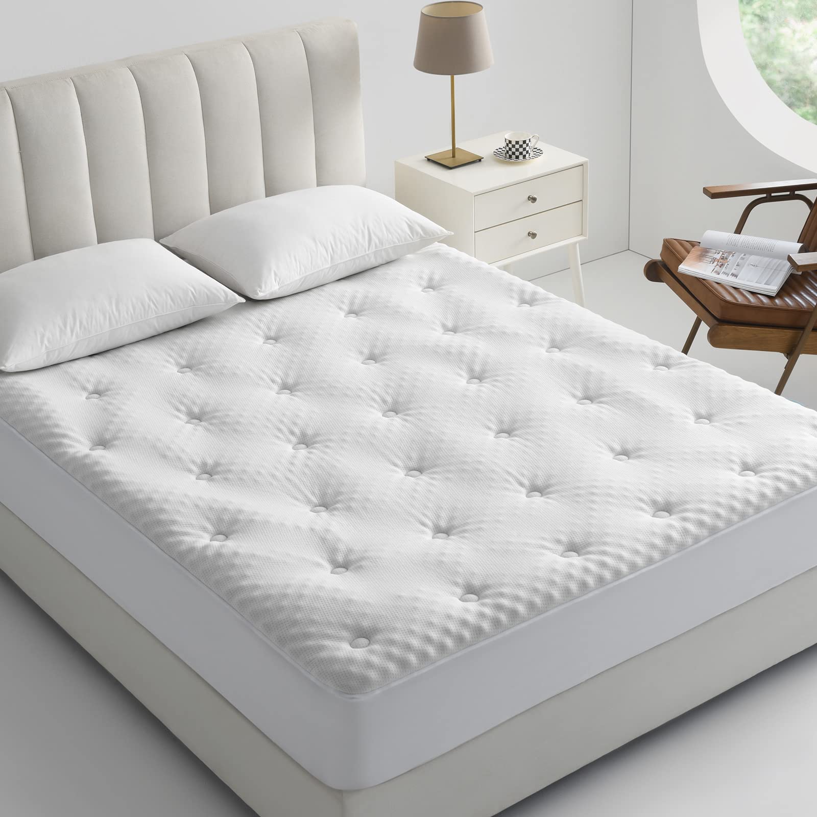 Quietsea Reversible Queen Mattress Pad Memory Foam, Bamboo Viscose Egg Crate Mattress Topper Queen Size, Noiseless Waterproof Ma