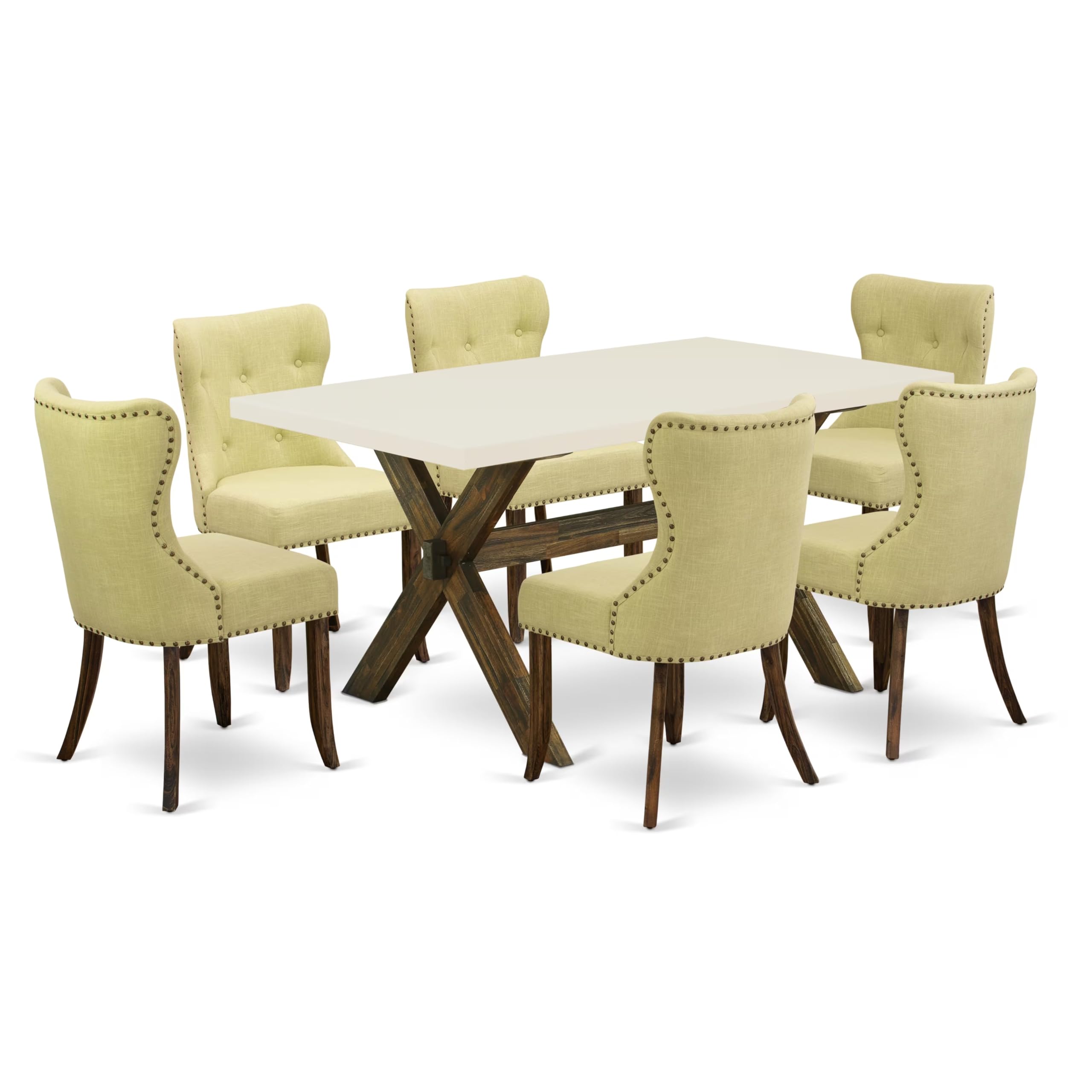 East West Furniture X726Si737-7 7 Piece Dining Set Consist Of A Rectangle Dining Room Table With X-Legs And 6 Limelight Linen Fabric Upholstered Parson Chairs, 36X60 Inch, Multi-Color