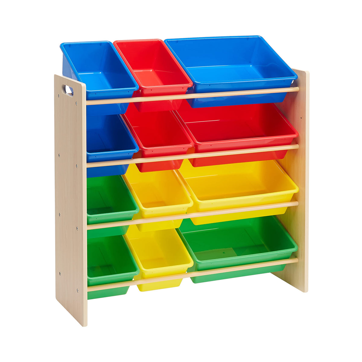 Amazon Basics Kids Toy Storage Organizer With 12 Plastic Bins, Natural Wood, Multicolor, for Bedroom and Playroom, 33.85D x 12.