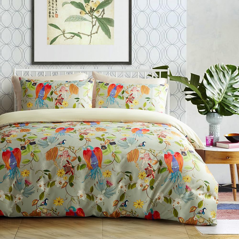 Mixinni Floral Birds Duvet Cover Set 100% Cotton Bedding Flower&Leaves Pattern Printed On Green Duvet Cover With Zipper Closure