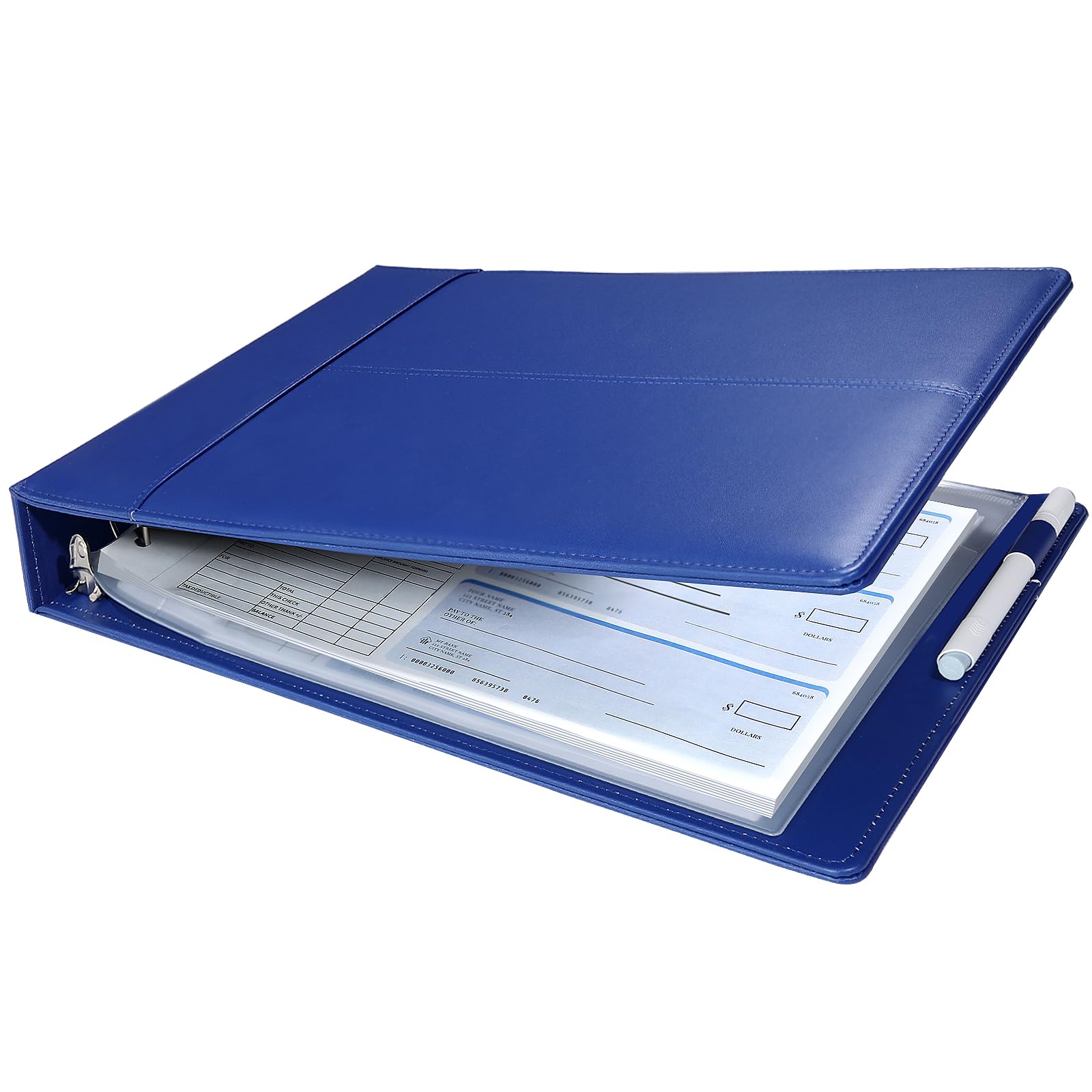 Sunee 7 Ring Check Binder For Business Checks With Zipper Pouch, Pu Leather Blue Checkbook Binder Portfolio, 600 Checks Capacity