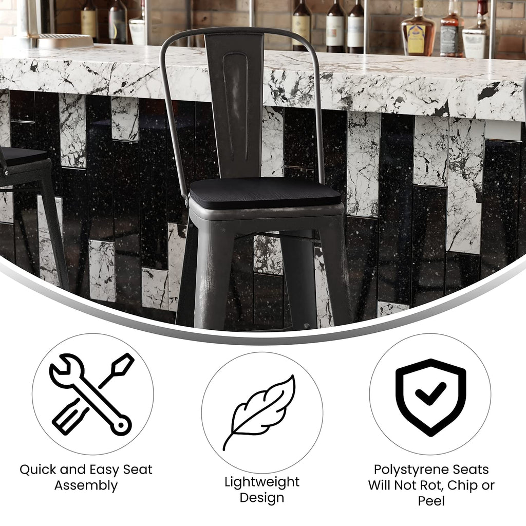 Flash Furniture Carly Commercial Grade 30&Quot; High Black Metal Indoor-Outdoor Bar Height Stool With Back And Black Polystyrene Seat
