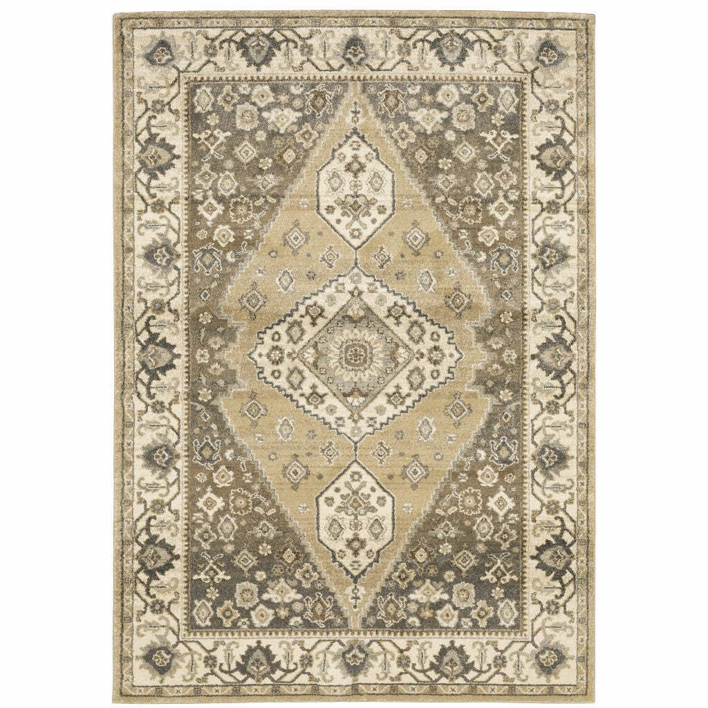 HomeRoots 508863 6 x 9 ft. Beige Gray Tan & Charcoal Oriental Power Loom Stain Resistant Rectangle Area Rug