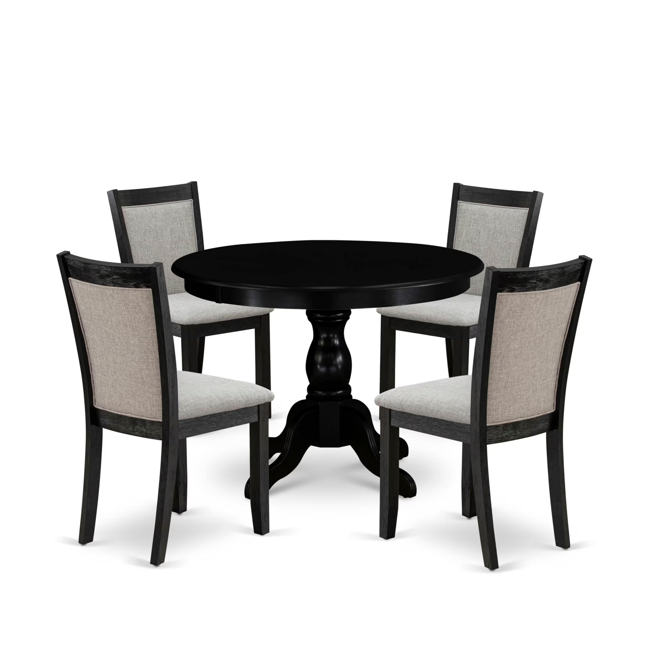 East West Furniture HBMZ5-AB6-06 5 Piece Dining Room Furniture Set Includes a Round Dining Table with Pedestal and 4 Shitake Linen Fabric Parsons Chairs, 42x42 Inch, Wirebrushed Black