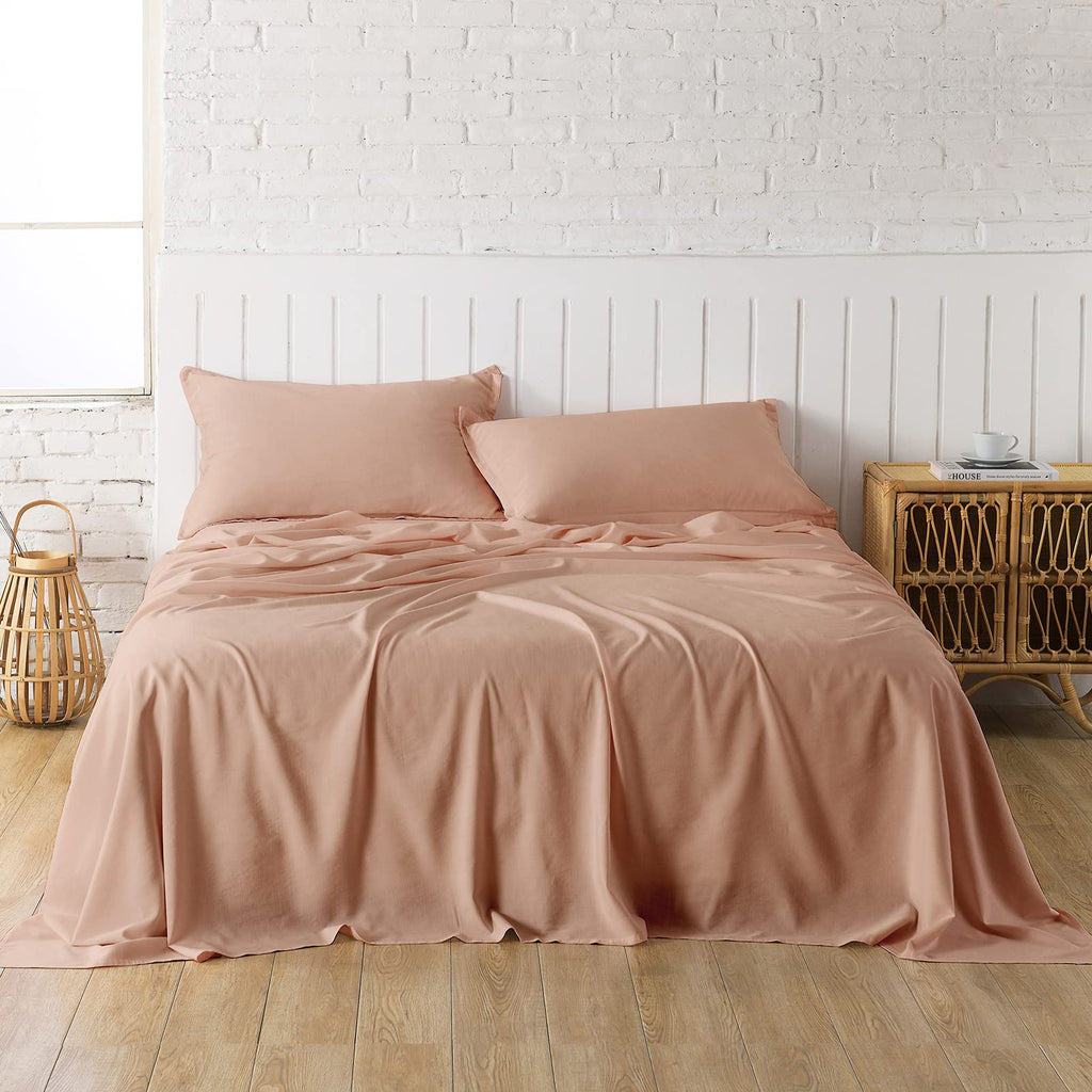 Dusty Pink Linen-Textured Bed Sheets Set, Bamboo Rayon , Cotton , Linen Blend Bed Sheets Queen Size, Soft Cool & Breathable For