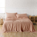 Dusty Pink Linen-Textured Bed Sheets Set, Bamboo Rayon , Cotton , Linen Blend Bed Sheets Queen Size, Soft Cool & Breathable For