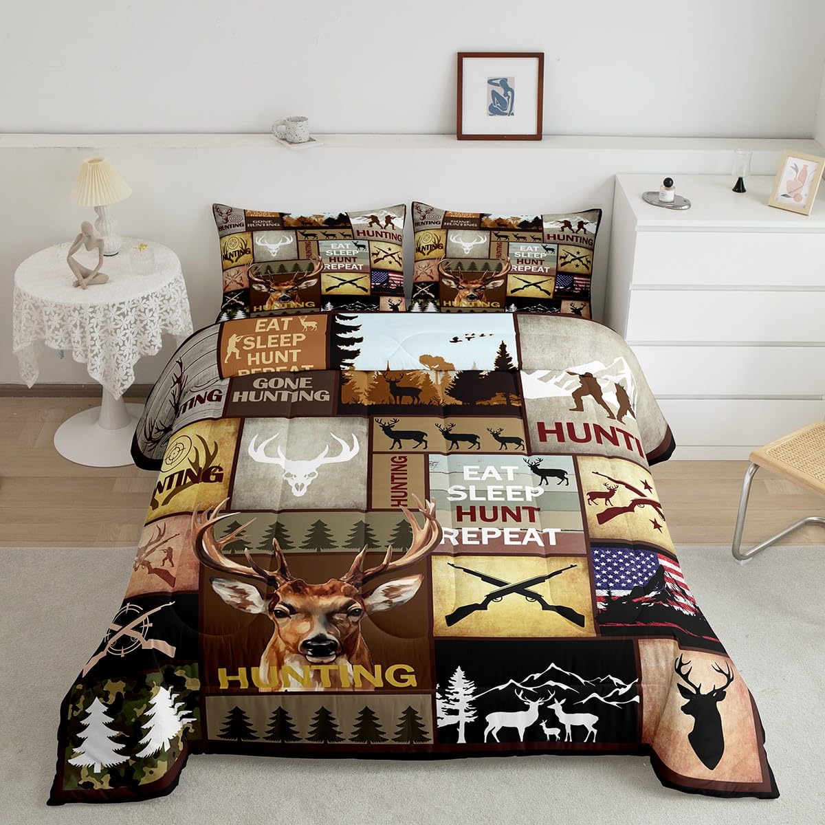 Feelyou Kids Hunting Bedding Set Full Size, Deer Hunting Comforter Set Boys Girls Deer Antlers Comforter Hunting Gifts Duvet Ins
