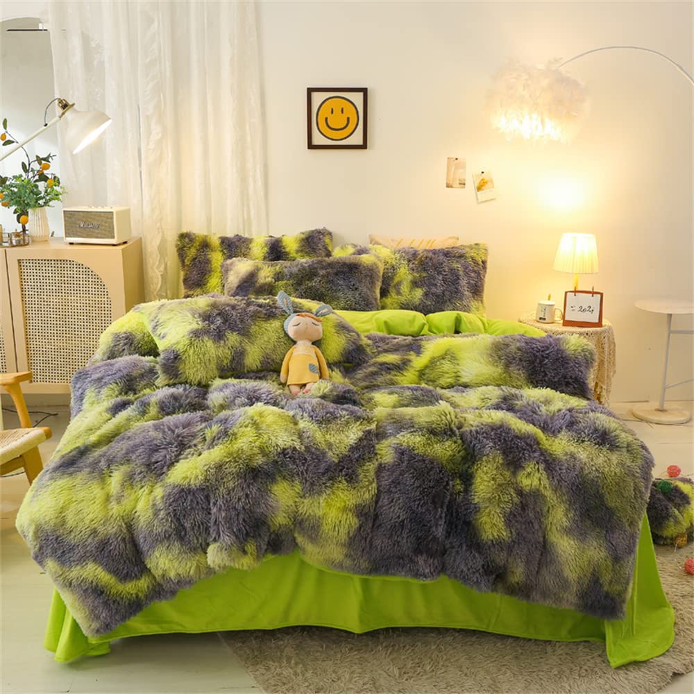 chovy Faux Fur Plush Tie-Dyed Green Comforter Sets Twin/Full Size - Ultra Soft Shaggy Flannel Velvet Fluffy Fuzzy 3PC Bedding Se