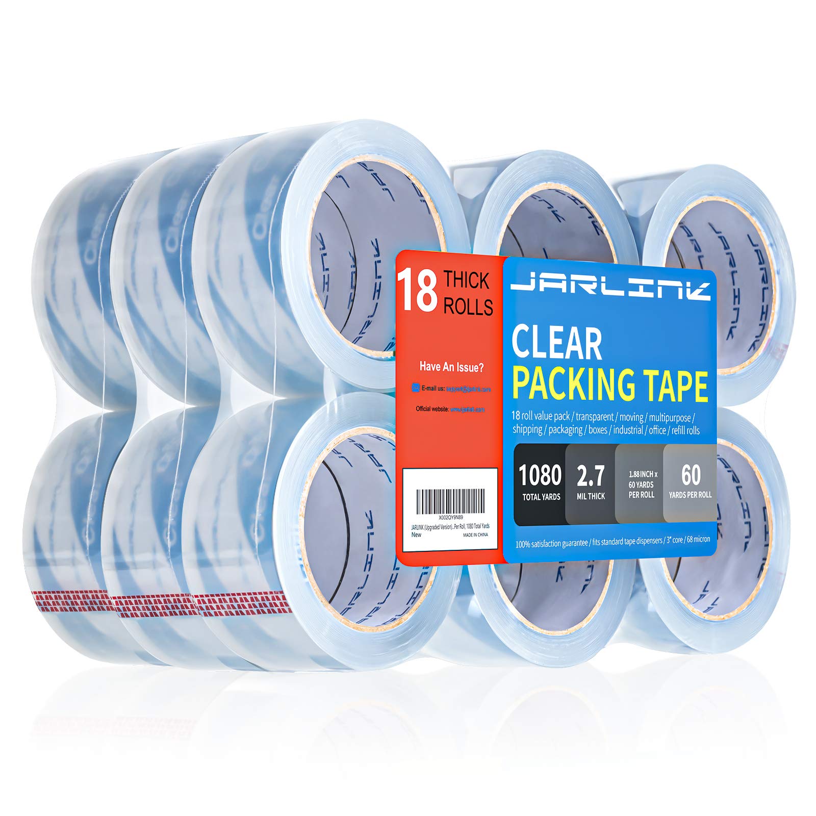 Jarlink Clearer Packing Tape 18 Rolls, Heavy Duty Packaging Tape For Shipping Packaging Moving Sealing, 2.7Mil Thick, 1.88 Inche