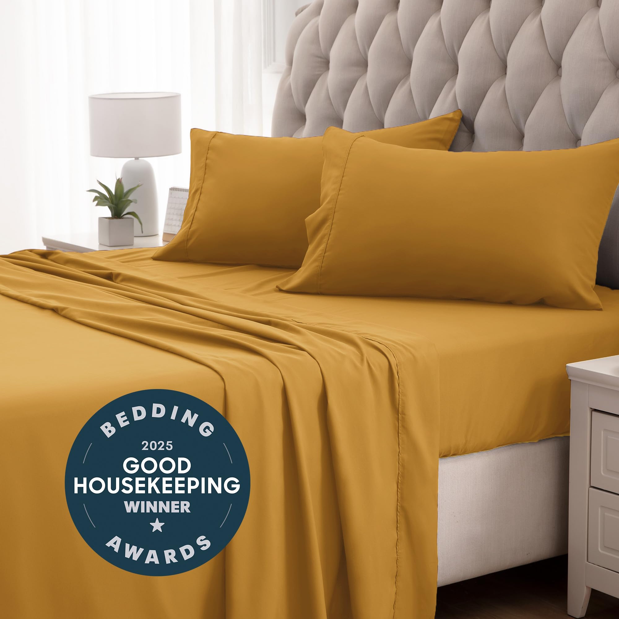 Sleep Zone Nanotex Super Soft Cooling Twin Bed Sheets Set For Kids 3 Piece - Easy Care Fitted Flat Sheet & Pillowcase Sets - Wrinkle Free, Fade Resistant, Deep Pocket 16' (Dull Yellow, Twin)