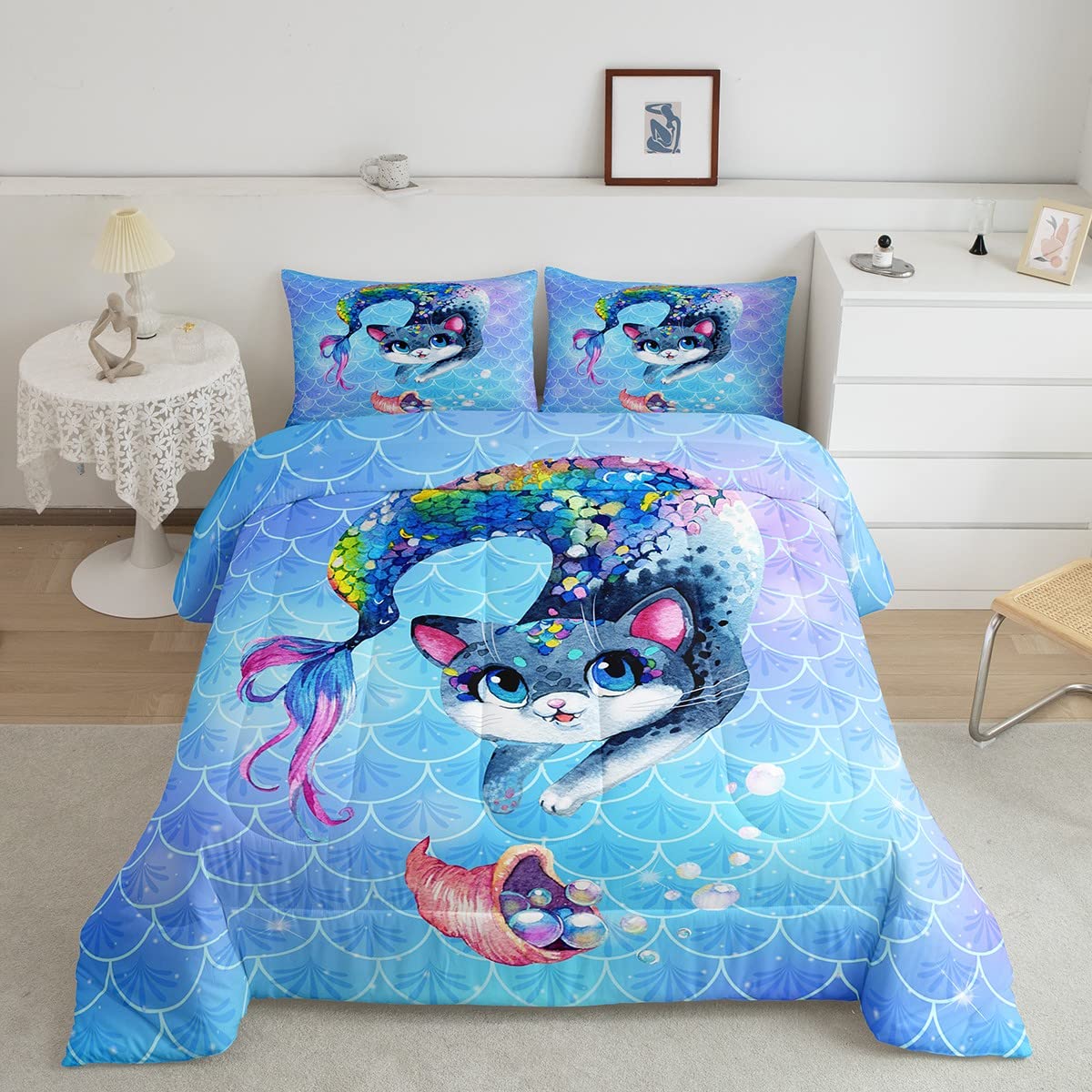 Rainbow Cartoon Cat Bed Sheet Set Colorful Mermaid Comforter Set for Kids Boys Girls Teens Room Decor Blue Mermaid Scales Beddin