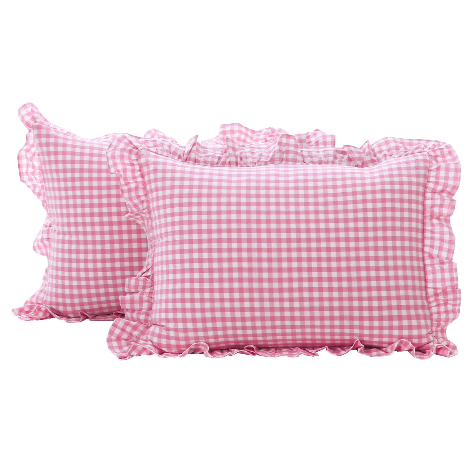 K Masaniji 2 Pack Pink And White Plaid Ruffle Gingham King Size Pillow Shams 20X36 Inches, Washed Cotton Checkered Farmhouse Pil