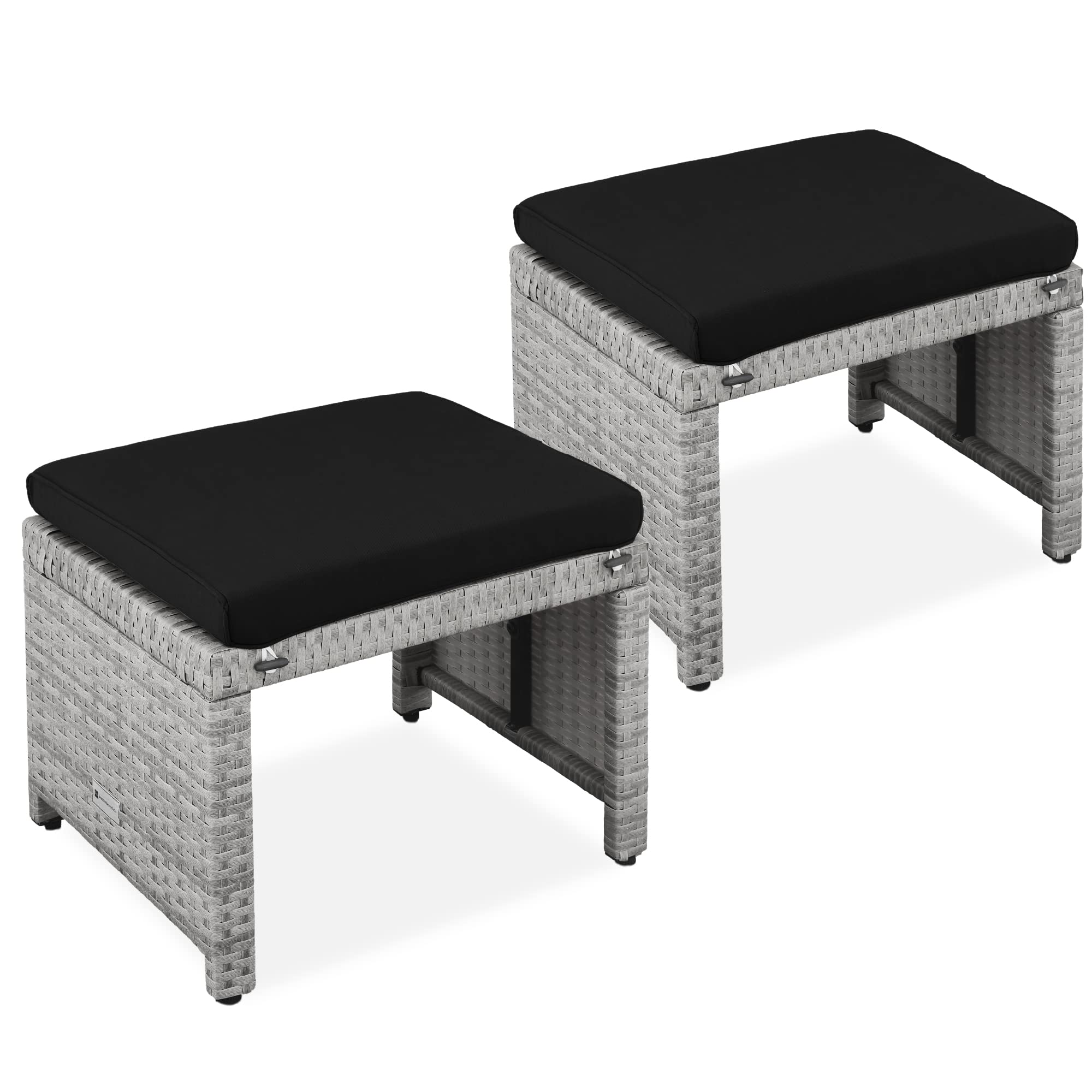 Best Choice Products Set Of 2 Wicker Ottomans, Multipurpose Outdoor Furniture For Patio, Backyard, Additional Seating, Footrest, Side Table W/Removable Cushions, Steel Frame - Gray/Black