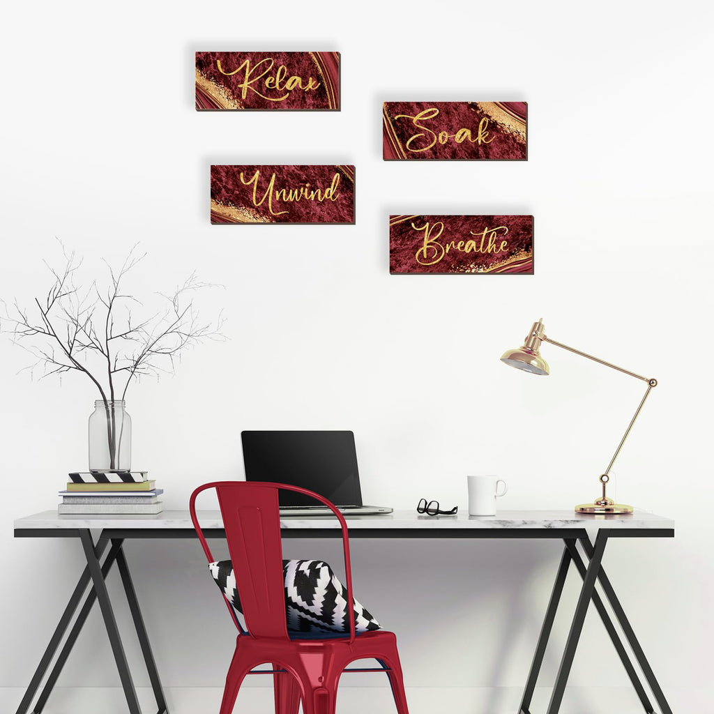 Onizhity 4 Pcs Red And Gold Bathroom Decor Red Gold Wall Decor Relax Soak Unwind Breathe Wooden Rustic Red Marble Style Bathroom