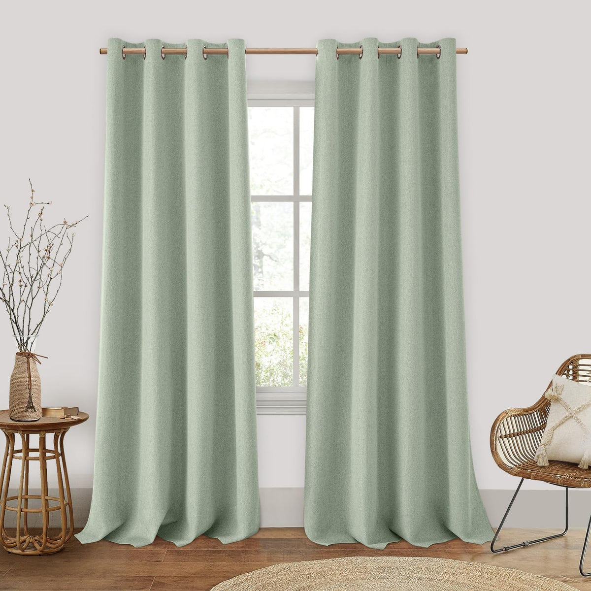 HOMEIDEAS Sage Green 100% Blackout Curtains, 2 Panels 52 X 96 Inches Faux Linen Curtains Room Darkening Curtains Thermal Insulat