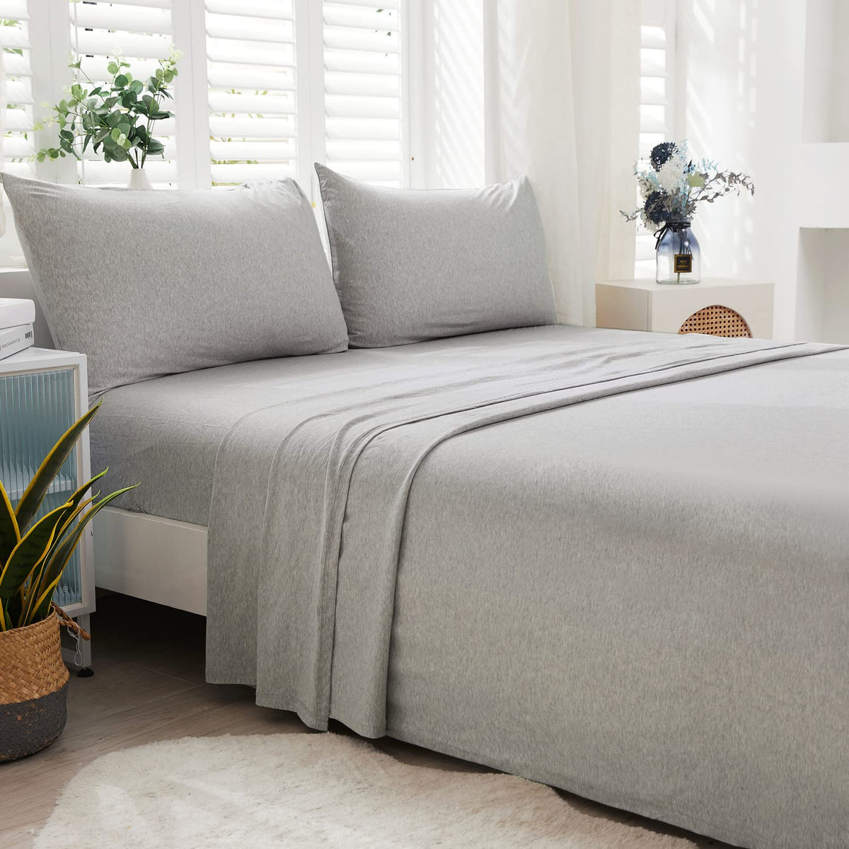 Lifetown 100% Jersey Knit Cotton Bed Sheet Ultra Soft T-Shirt Feel Bedding Sheet 1 Piece Flat Sheet Breathable Wrinkle-Free (Lig