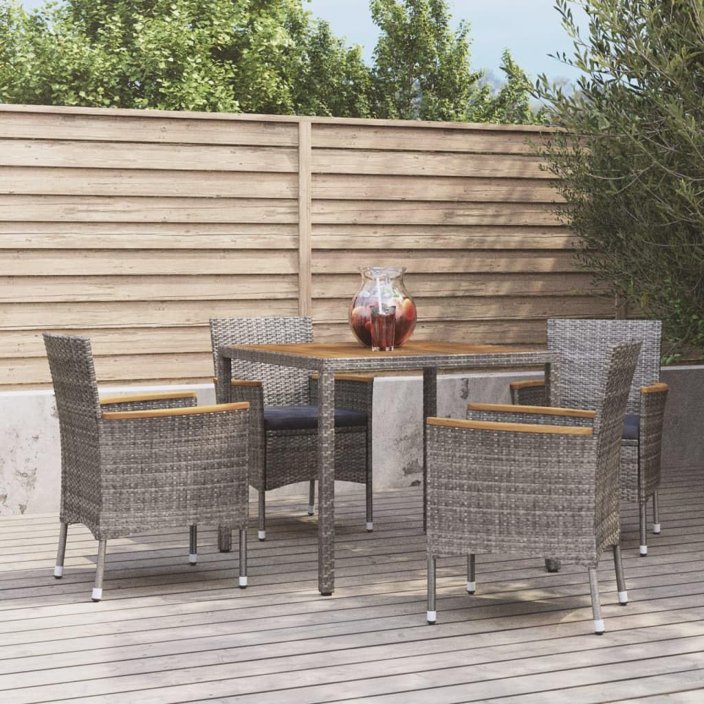 vidaXL 5 Piece Patio Dining Set with Cushions - Gray Poly Rattan & Solid Acacia Wood - Weather-Resistant Outdoor Furniture