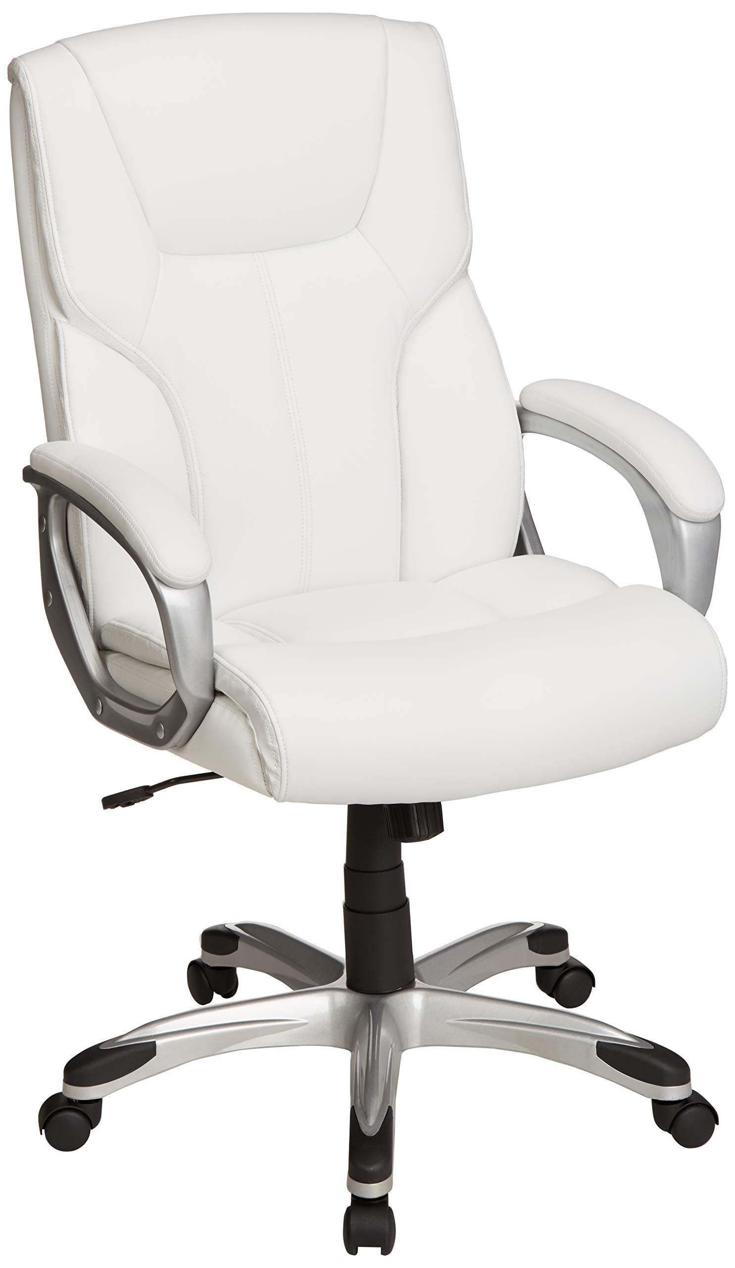 Amazon Basics Executive High Back Office Desk Chair, Adjustable Height, Tilt, Swivel, 275lb Capacity, Bonded Leather, White/Pewt