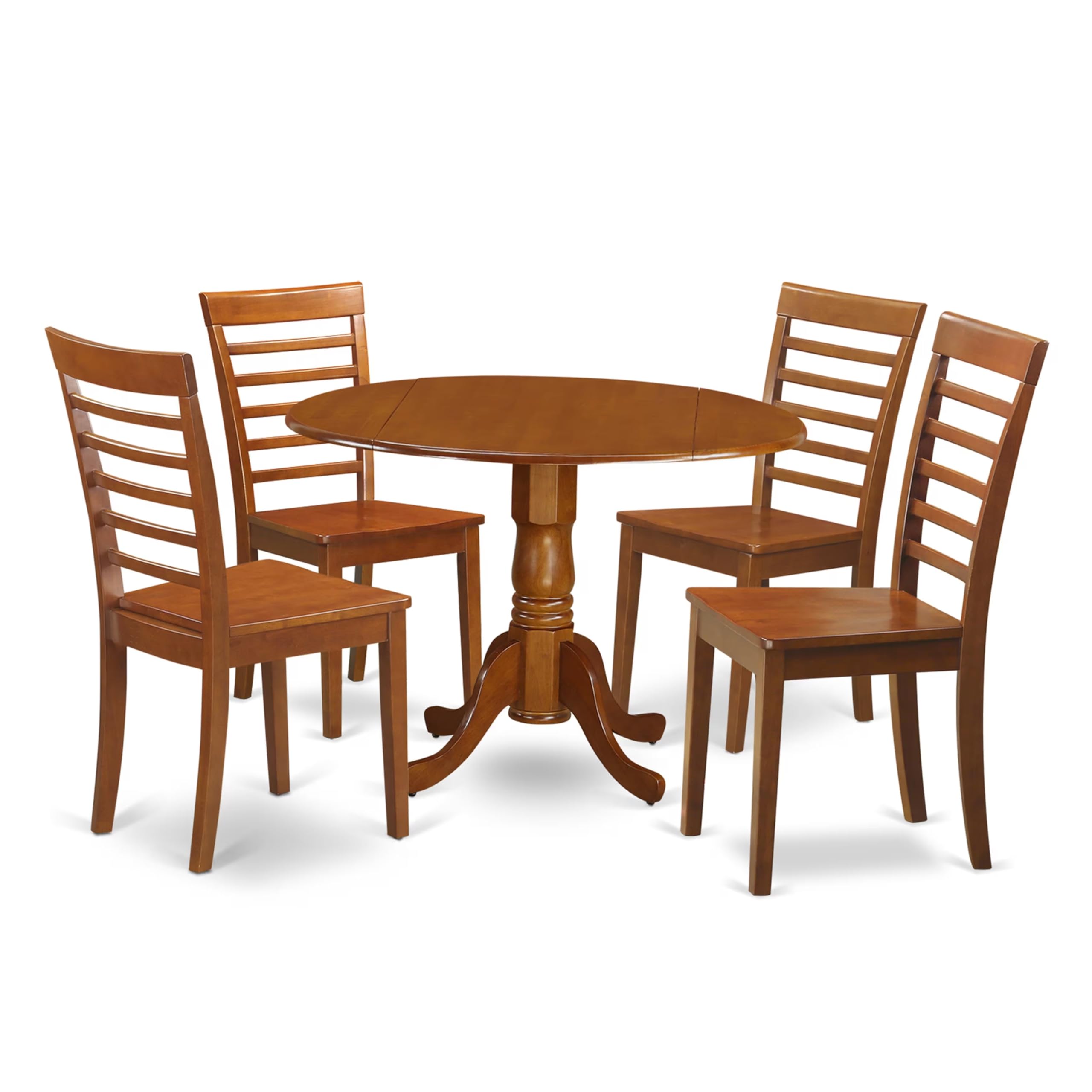 East West Furniture DLML5-SBR-W 5 Piece Kitchen Table & Chairs Set Includes a Round Dining Table with Dropleaf and 4 Dining Room Chairs, 42x42 Inch, Saddle Brown