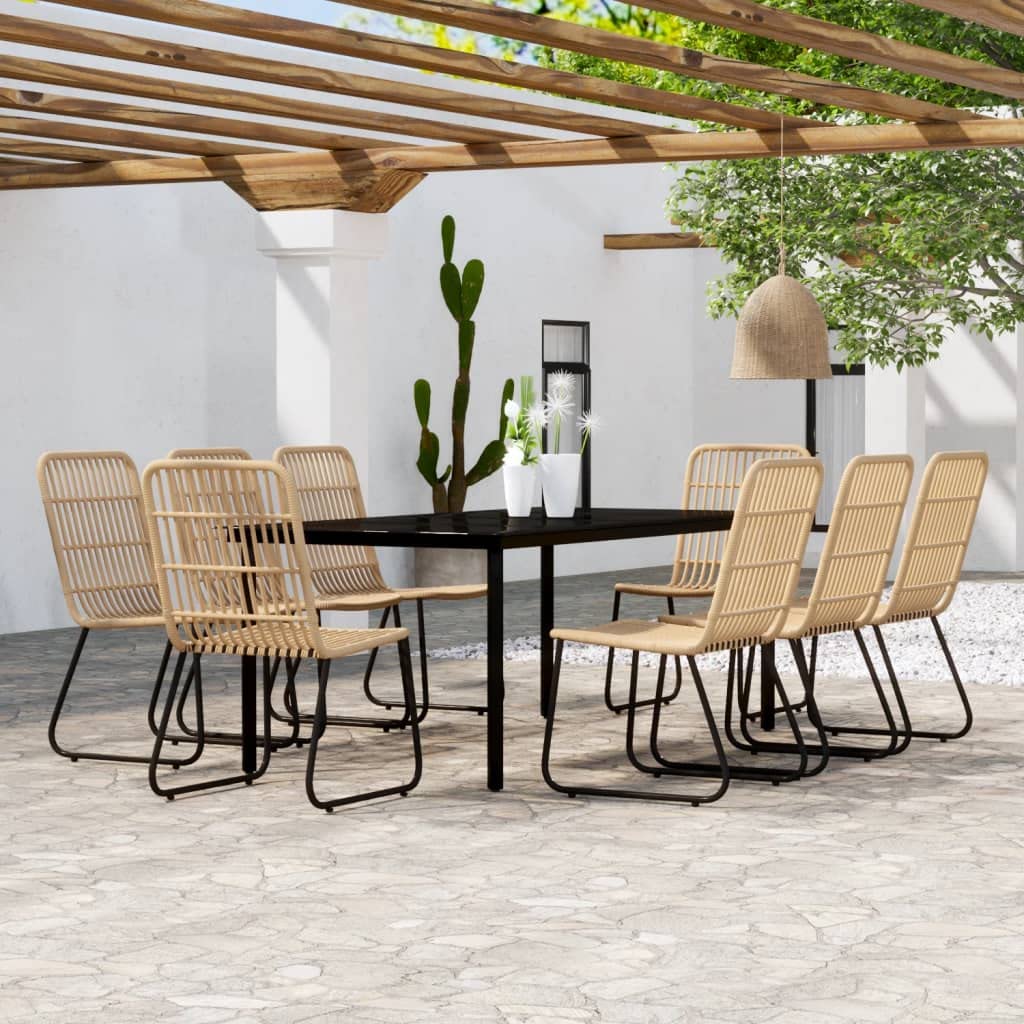 vidaXL Patio Dining Set with 6 PE Rattan Chairs and Glass Top Table, Outdoor Garden Furniture – Black and Oak, Easy Assembly.