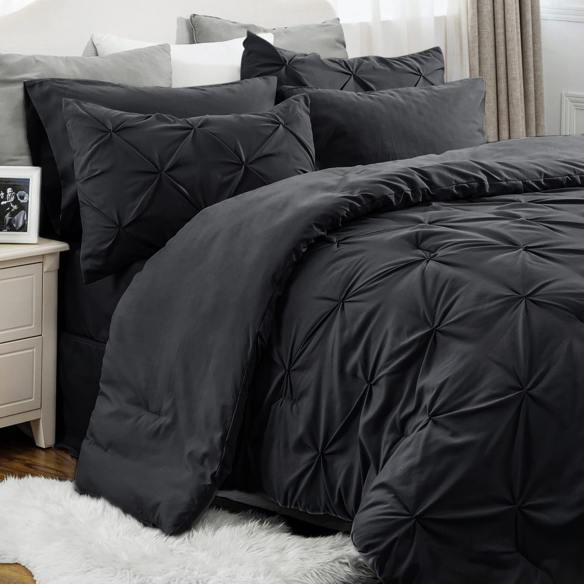 Bedsure Black Comforter Set Queen - Bed In A Bag Queen 7 Pieces, Pintuck Bedding Sets Black Bed Set With Comforter, Sheets, Pill