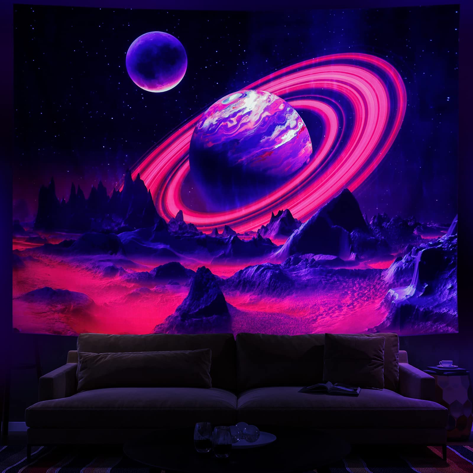 Leofanger Blacklight Trippy Planet Tapestry Uv Reactive Mountain Wall Tapestry Galaxy Space Tapestry Starry Night Sky Tapestry W
