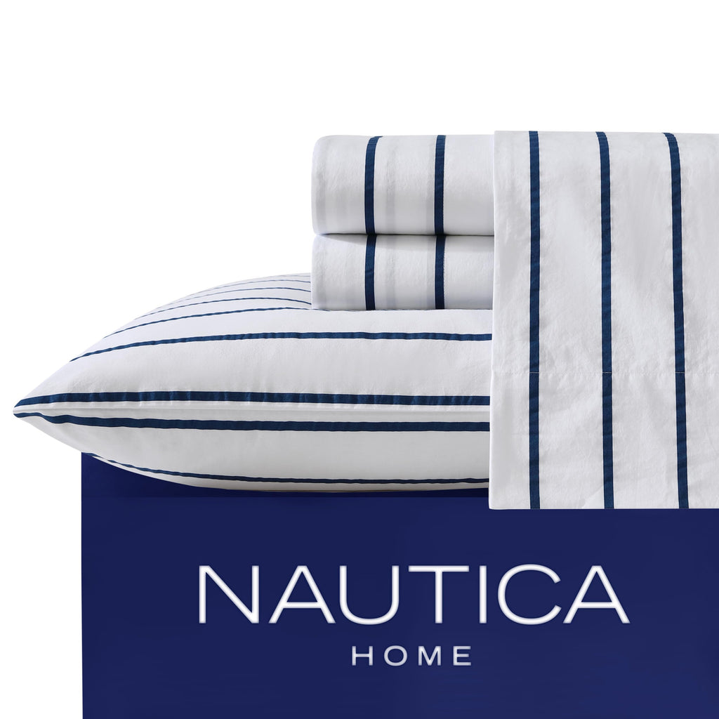 Nautica - Full Sheet Set, Cotton Percale Bedding Set, Crisp & Cool, Lightweight & Breathable (Brenton Stripe Navy Blue, Full)
