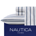 Nautica - Full Sheet Set, Cotton Percale Bedding Set, Crisp & Cool, Lightweight & Breathable (Brenton Stripe Navy Blue, Full)