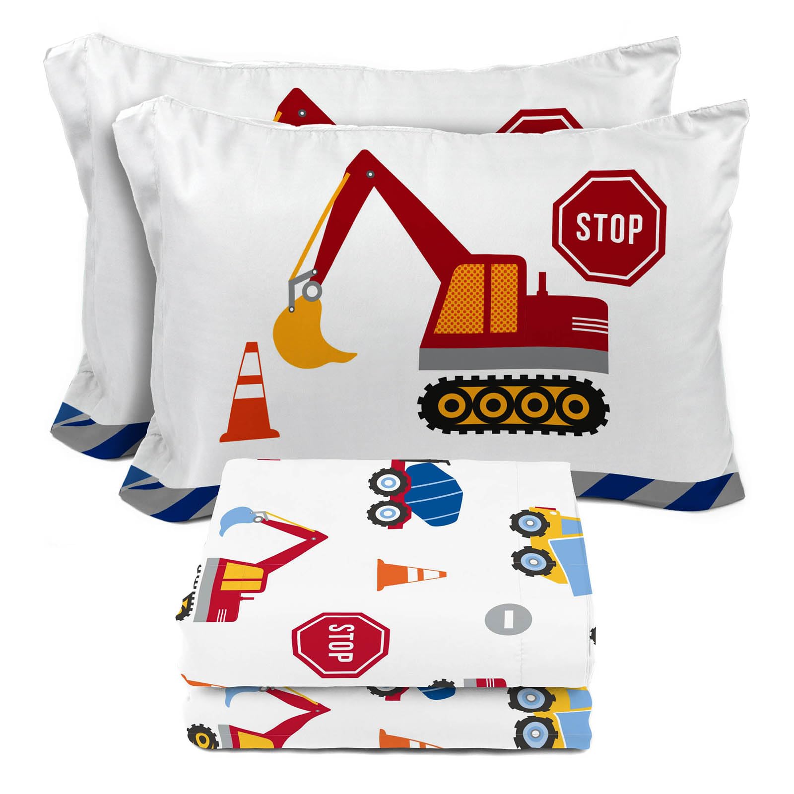 Sunny Side Up Construction Zone Full Sheet Set - 4 Piece Kids Bedding Set Includes Pillow Cover - Super Soft Trucks Microfiber S