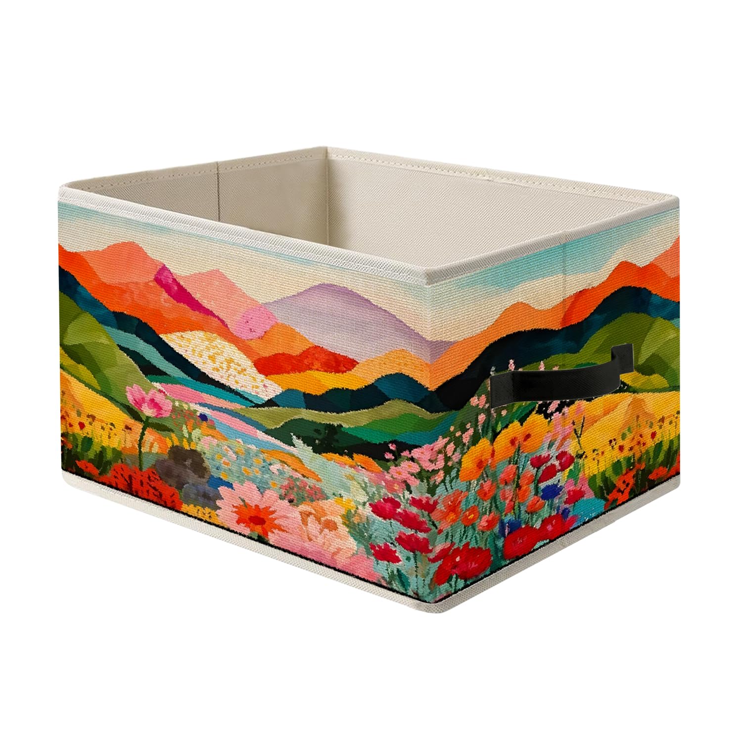 FITIE Abstract Maximalist Floral Mountain Storage Bin Box with Handles, Modern Vibrant Wildflower Foldable Organizer Basket Toyb