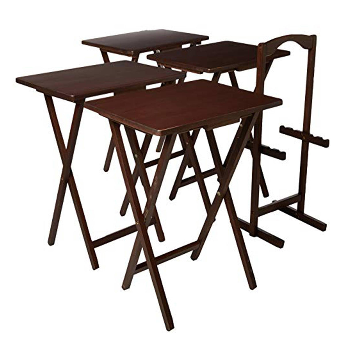 PJ Wood Spacious Multifunctional Modern Folding Sturdy Wooden TV Tray Snack Table Set with Compact Storage Rack, Walnut, (5 Pack