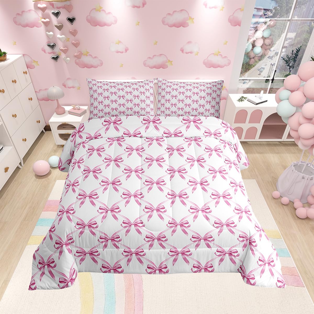 Manfei Pink Bow Comforter Set Full Size, Cute Bowknot Geometric Lattice Bedding Set 3Pcs, Princess Kawaii Bow Tie Patchwrok Down