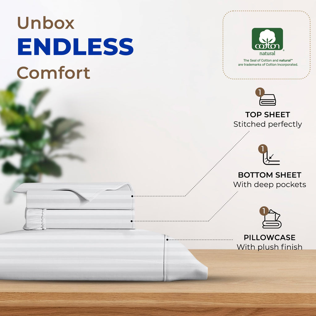 Thread Spread Striped Egyptian Cotton Sheets Twin Xl Size - 600 Thread Count 3 Pc Damask Twin Xl Sheets Deep Pockets, Sateen Weave College Dorm Bedding Twin Xl, Fits Mattress Upto 18'- White Stripe