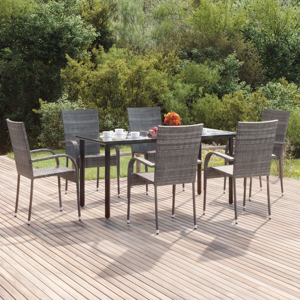 vidaXL Patio Dining Set 7 Piece, Rattan Patio Conversation Set, Wicker Outdoor Dining Table and Chair Set for Garden, Modern Style, Gray Poly Rattan