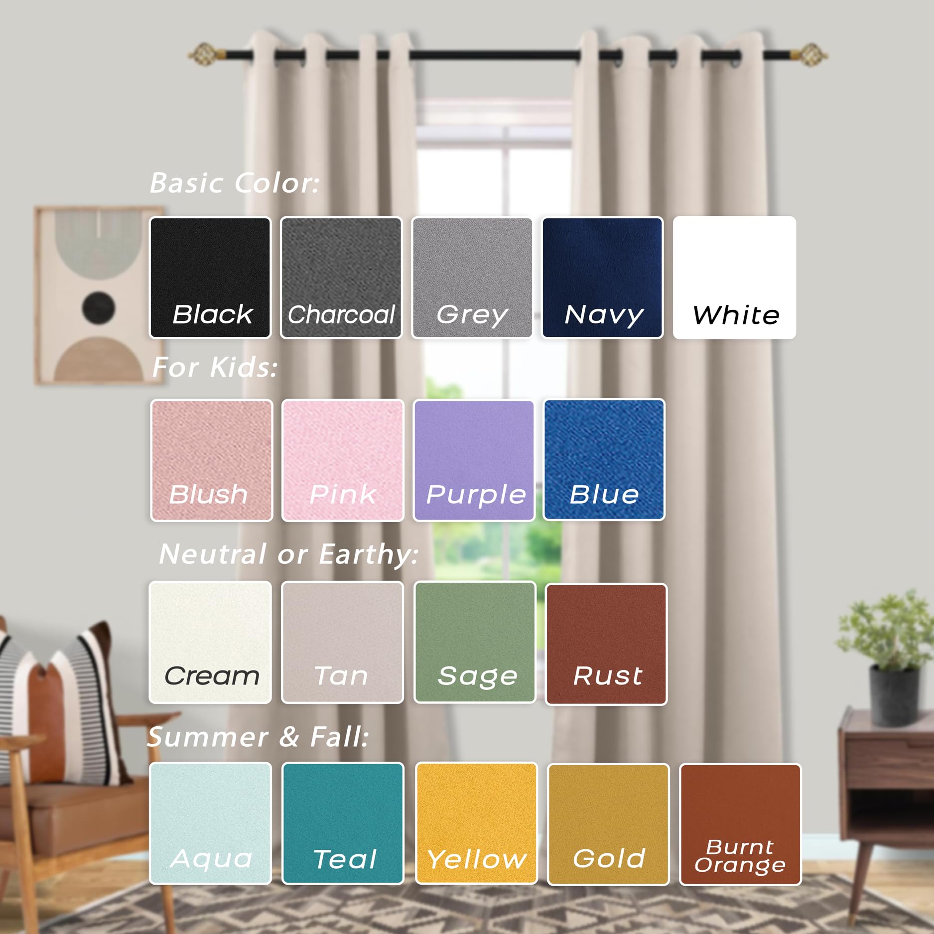 Mrs.Naturall 96 Inch Long Living Room Curtains Drapes 2 Panel Set,Blackout Thermal Light Blocking Boho Farmhouse Earth Earthy To