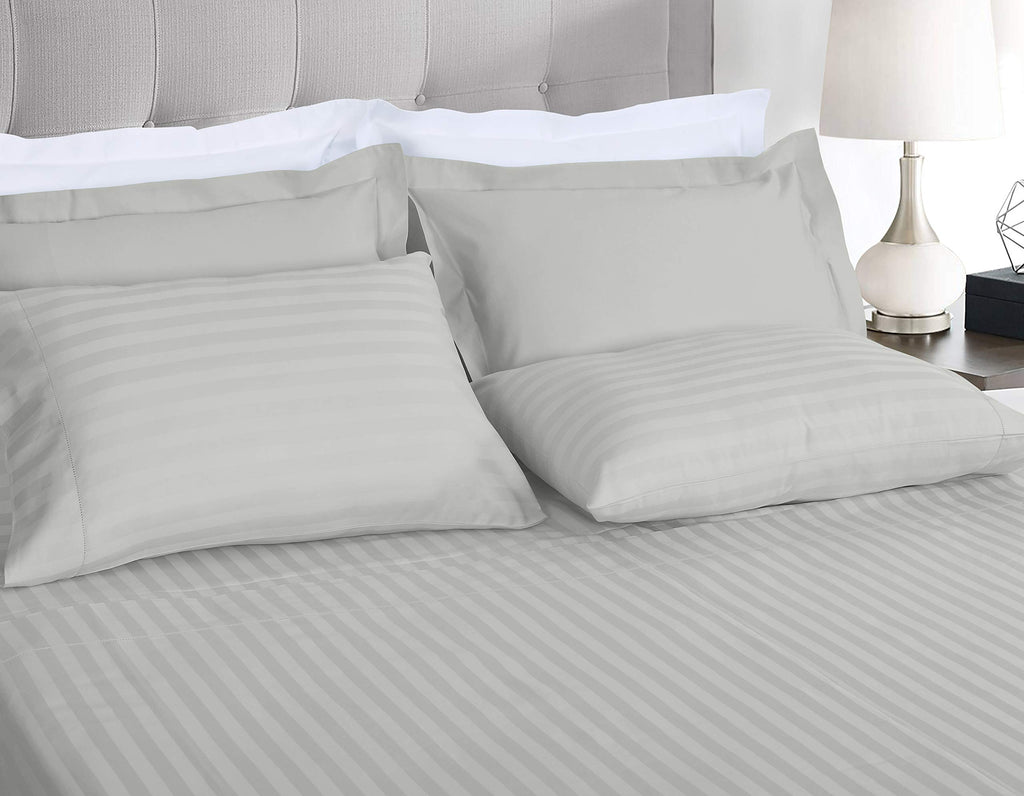 Threadmill 500 Thread Count Full-Size Damask Stripe, 4 Pc Luxury Cotton Sheet Set, Breathable Light Grey Sheets With 16'' Elasti